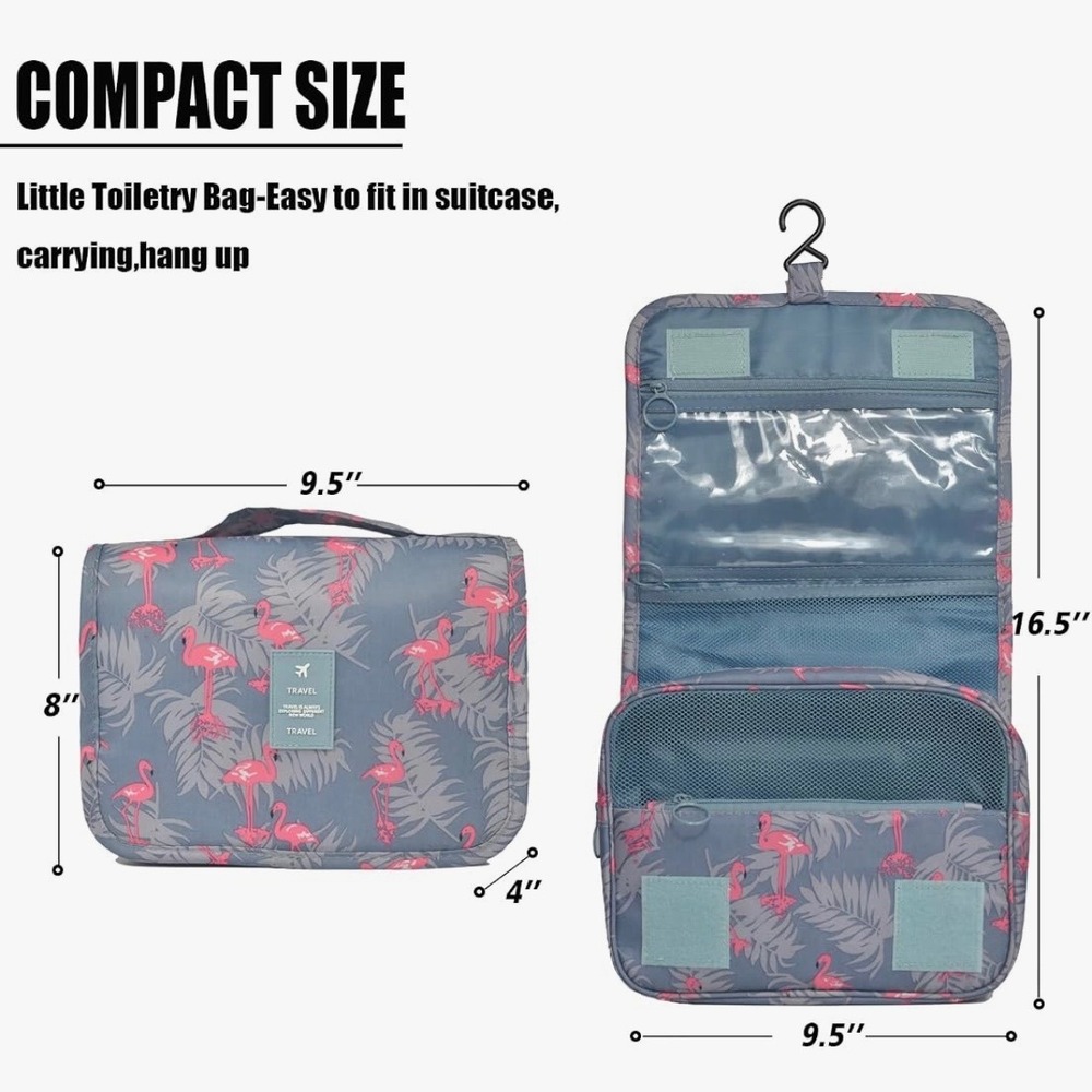 Narwey Hanging Toiletry Bag Flamingo Tropical Travel Organizer Blue-Grey Pink